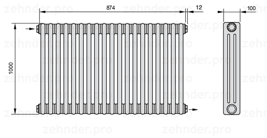 Схема (чертеж) Радиатор Zehnder Charleston 3100/19 №1670 Белый глянцевый RAL 9016